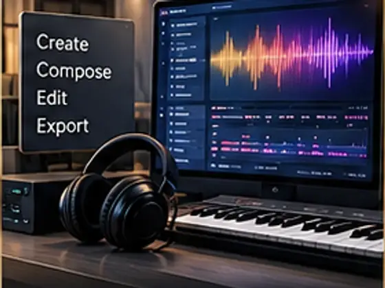 MW Digital AI Music Studio — interfejs produkcji muzyki z przebiegiem dźwięku i klawiaturą